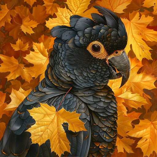 Yellow-tailed cockatoo amid golden autumn leaves