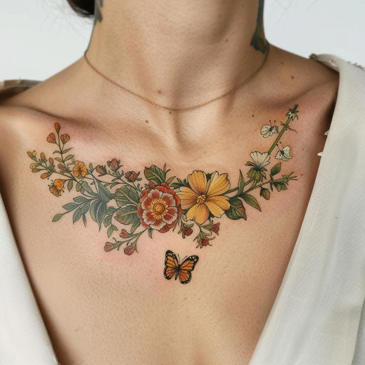 Intricate floral and butterfly tattoo for collarbone