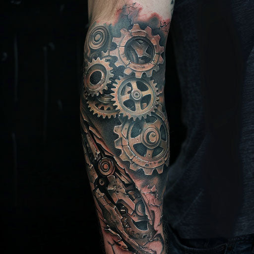 Mechanical arm tattoo in the style of Guy Aitchison