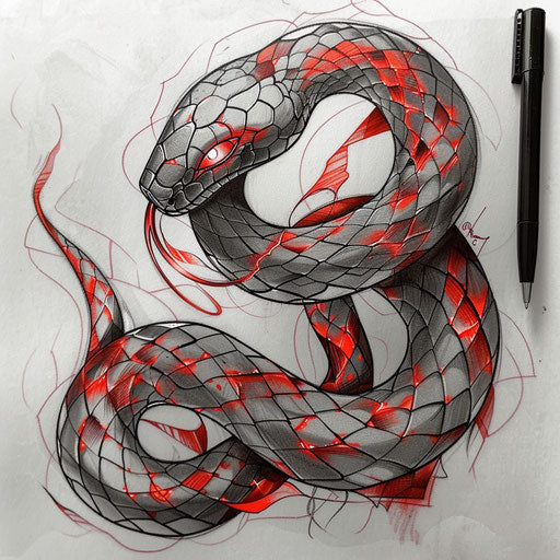 Mystical sketch of a red snake with glowing eyes