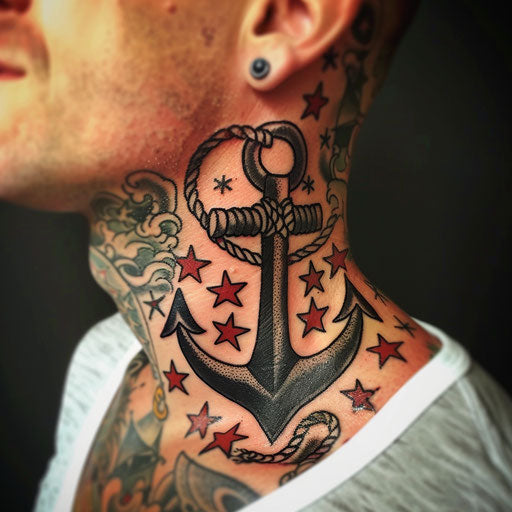 Neck tattoo for men with classic anchor and nautical stars