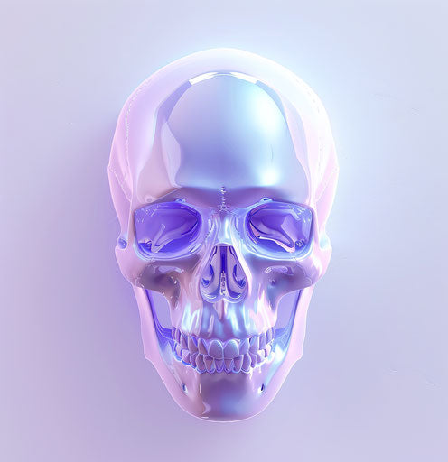 A skull emoji on white background, iridescent style, light purple