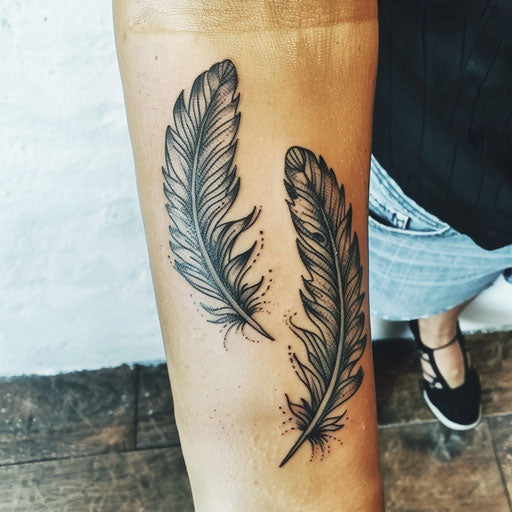 Mother and daughter tattoos of feathers turning into birds