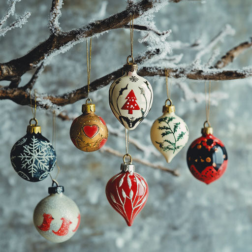 Vintage tin ornaments on a frosted branch