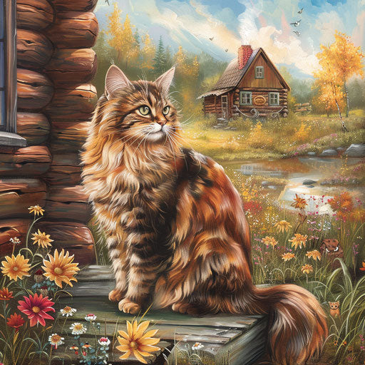 Brown cat sitting in front of a log cabin