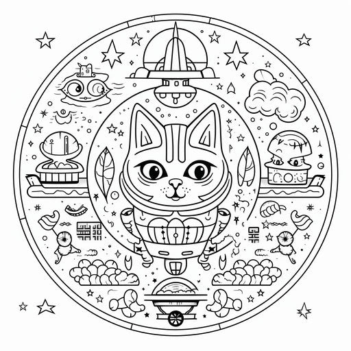 Space-themed coloring page with spaceship, alien, and dinosaurs, in the style of Louis Wain, rounded