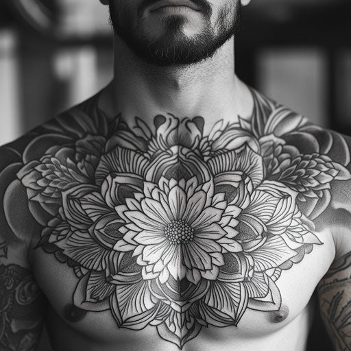 Mandala tattoo man depicting a traditional floral mandala with detailed shading, in the style of Ed Hardy