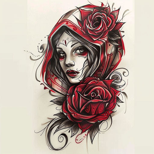 Dynamic flat tattoo sketch of a gypsy rose with petals flowing like fabric