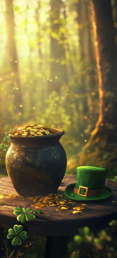Treasure and leprechaun's hat on table, St. Patrick's Day forest background