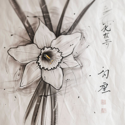Japanese art style tattoo of a narcissus flower on white rice paper