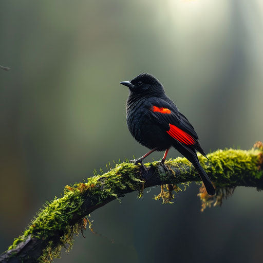 Black bird with red wings on a mossy branch