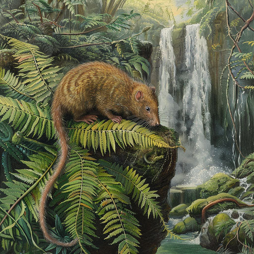 An antechinus on a fern frond
