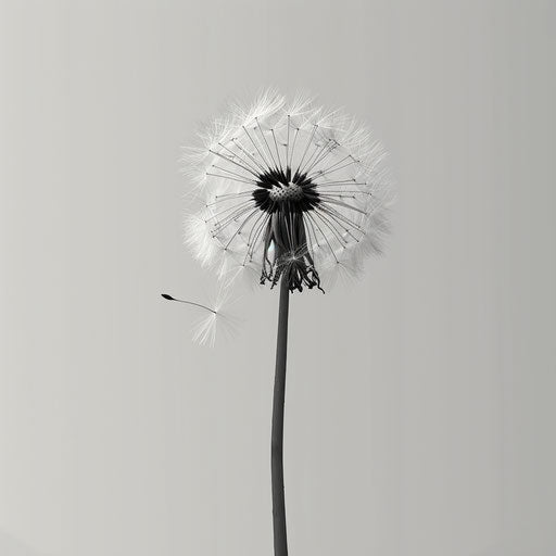 Dandelion clipart with flat random background, monochrome palette, detailed wings