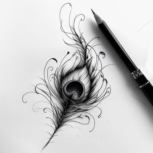 Surreal peacock feather tattoo sketch blending dreamscapes and fantasy elements