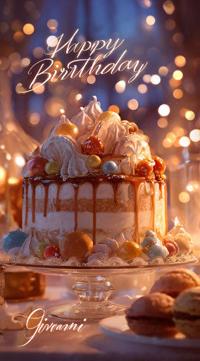 Happy Birthday with Colorful Cake and Shimmering Lights