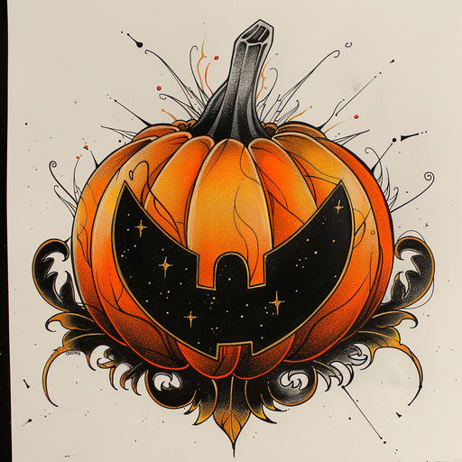 Stylish sketch of a stylized pumpkin with art deco gold and black accents