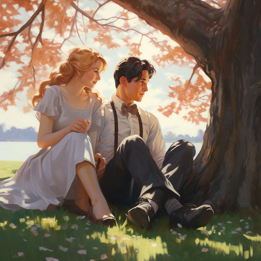 Couple under a tree, realistic anime style, ethereal, Vancouver