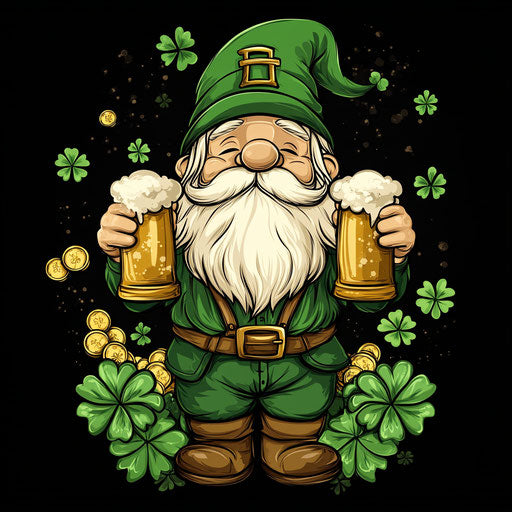 St. Patrick's Day gnome with beers, clovers and gold coins