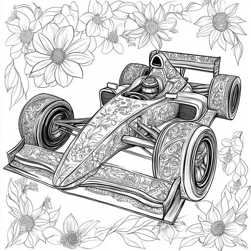 Race car with intricate floral patterns, in the style of Johanna Basford, coloring book page