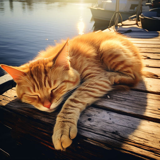 Orange cat lying on a dock