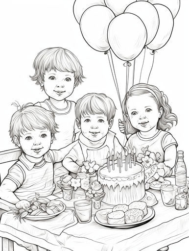 Children celebrating a first birthday coloring pages