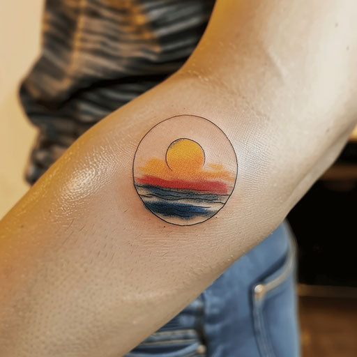 Modern sunset tattoo with minimalist circle on vibrant background