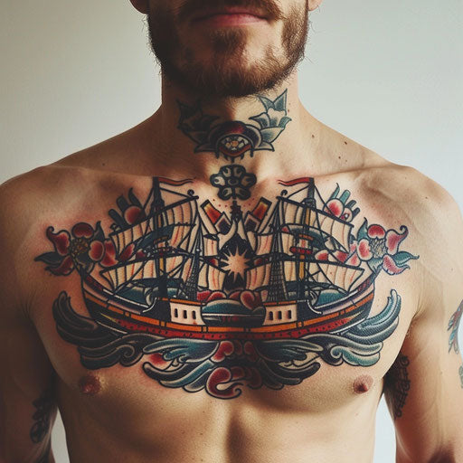 Men's chest tattoo with classic nautical themes