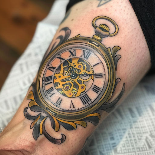 Neo-traditional tattoo of vintage pocket watch in gold and silver on white