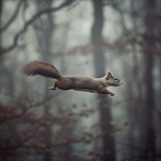 Flying squirrel gliding through a foggy woodland, in the style of Vincent Munier
