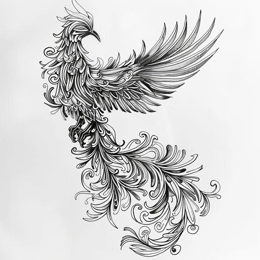 Majestic phoenix in fine linework on white background