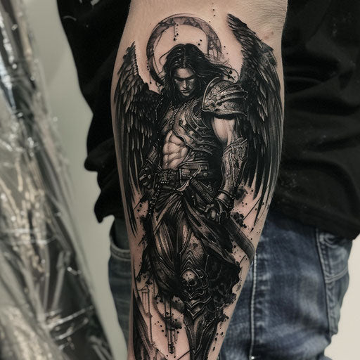 Men's tattoo with a dark angel, Gerald Brom style