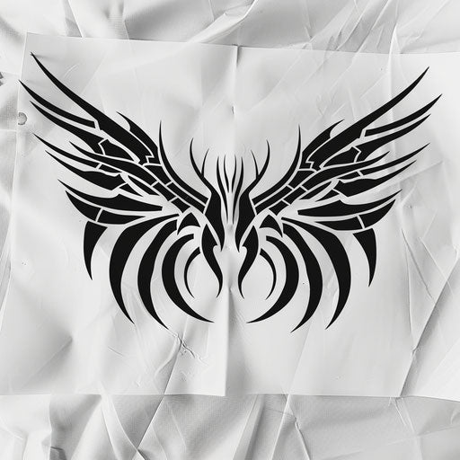Tribal dragon wings tattoo stencil with bold black lines, shown on a white sheet