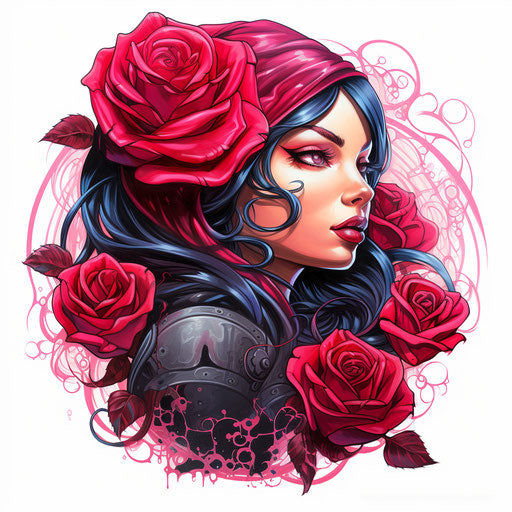 Red rose with little black spots, vibrant neo-traditional style