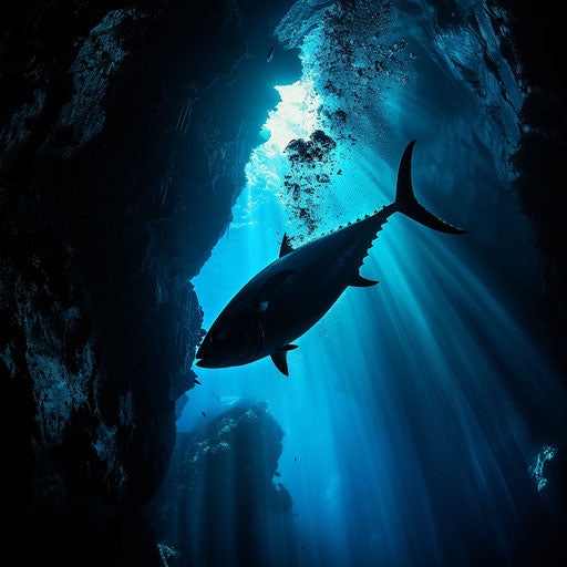 Majestic silhouette of a yellowfin tuna in a colorful underwater cave