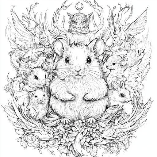Fantasy hamster surrounded by mythical creatures in the style of Ruben Ireland