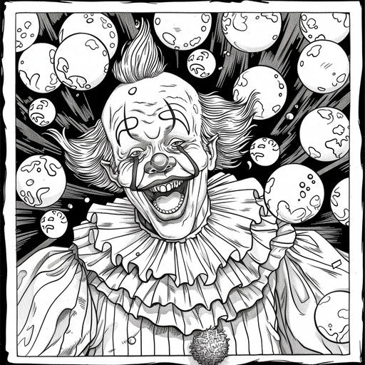 A cheerful clown juggling balls. Coloring book page