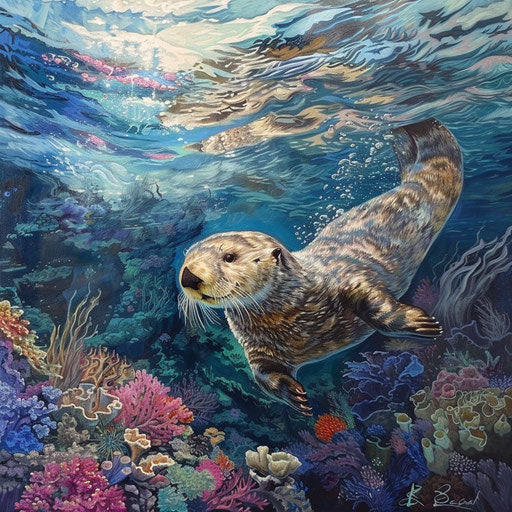 Sea otter diving for food in vibrant coral reef