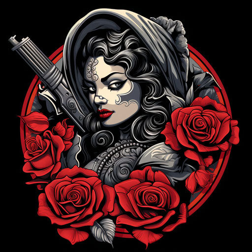 Black gun woman with roses