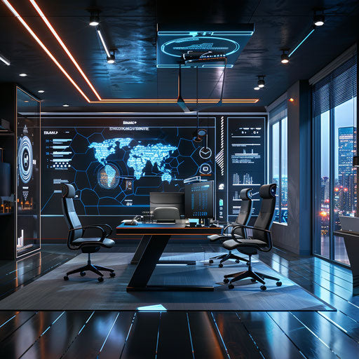 Futuristic office with innovative tech gadgets and modern aesthetics