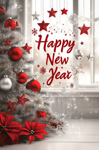 Red and silver Christmas ornament in corner of the room