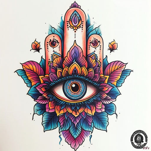 Hamsa hand tattoo with all-seeing eye and mystical symbols