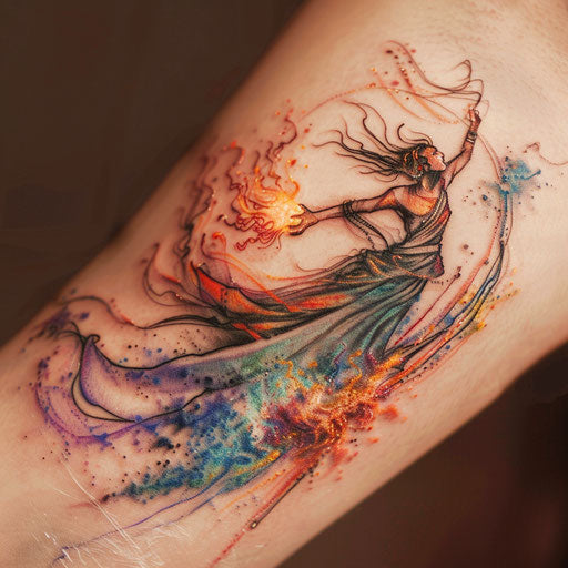 Fantasy fire tattoo, a wizard casting fire spells