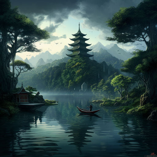 Floating pagoda on a lake with trees