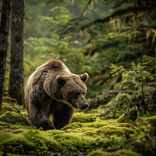 Scent pause of a bear in a green forest