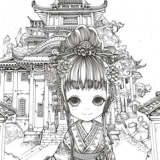 Cute princess in a Japanese-inspired palace, Mamoru Hosoda style, coloring book page