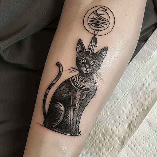 Egyptian-themed black cat tattoo with ancient symbols