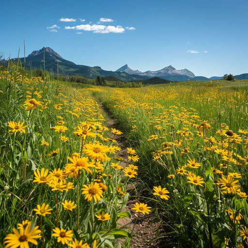 Path through yellow coneflower meadow to distant mountain