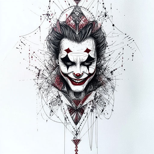 Joker card tattoo with intricate geometric shapes