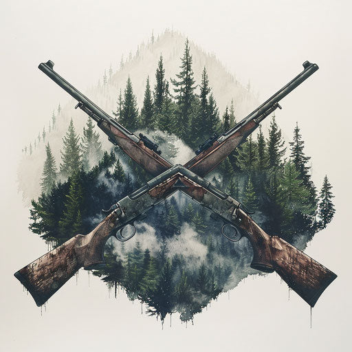 Duo of crossed vintage rifles with forest backdrop