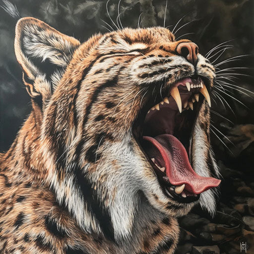 A yawning lynx showing teeth and tongue